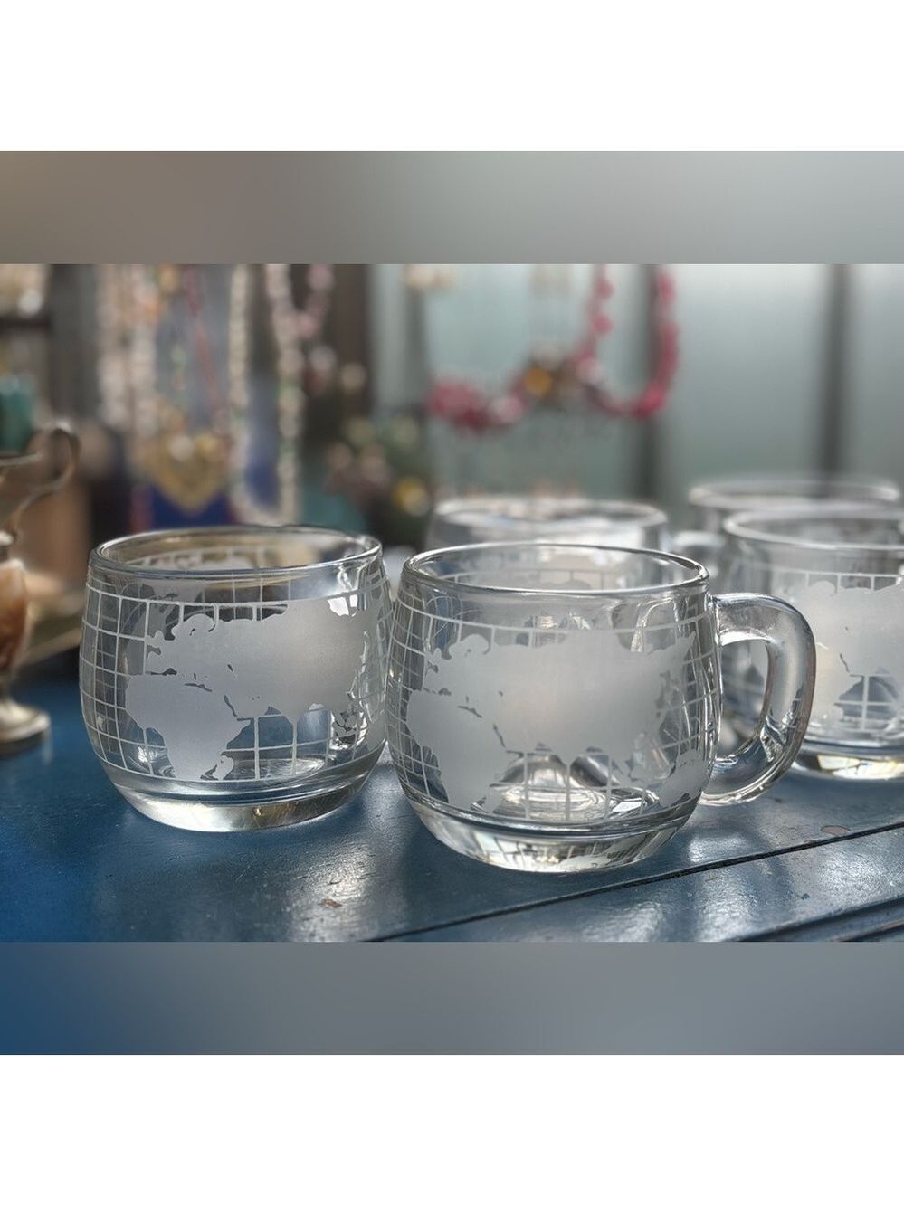 Vintage Nescafé Thick Etched Glass World Map Set of 5 Globe Mugs | 1970s Retro 🌎 - Picture 8 of 13